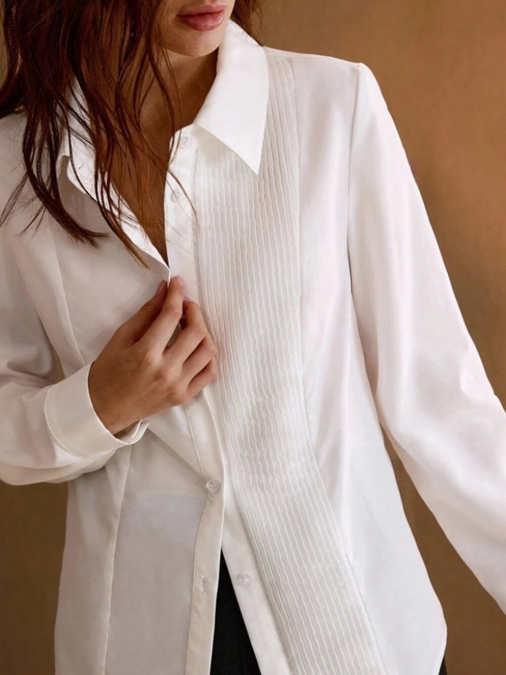 White Pintuck Pleated Front Collared Long Sleeve Button Up Shirt